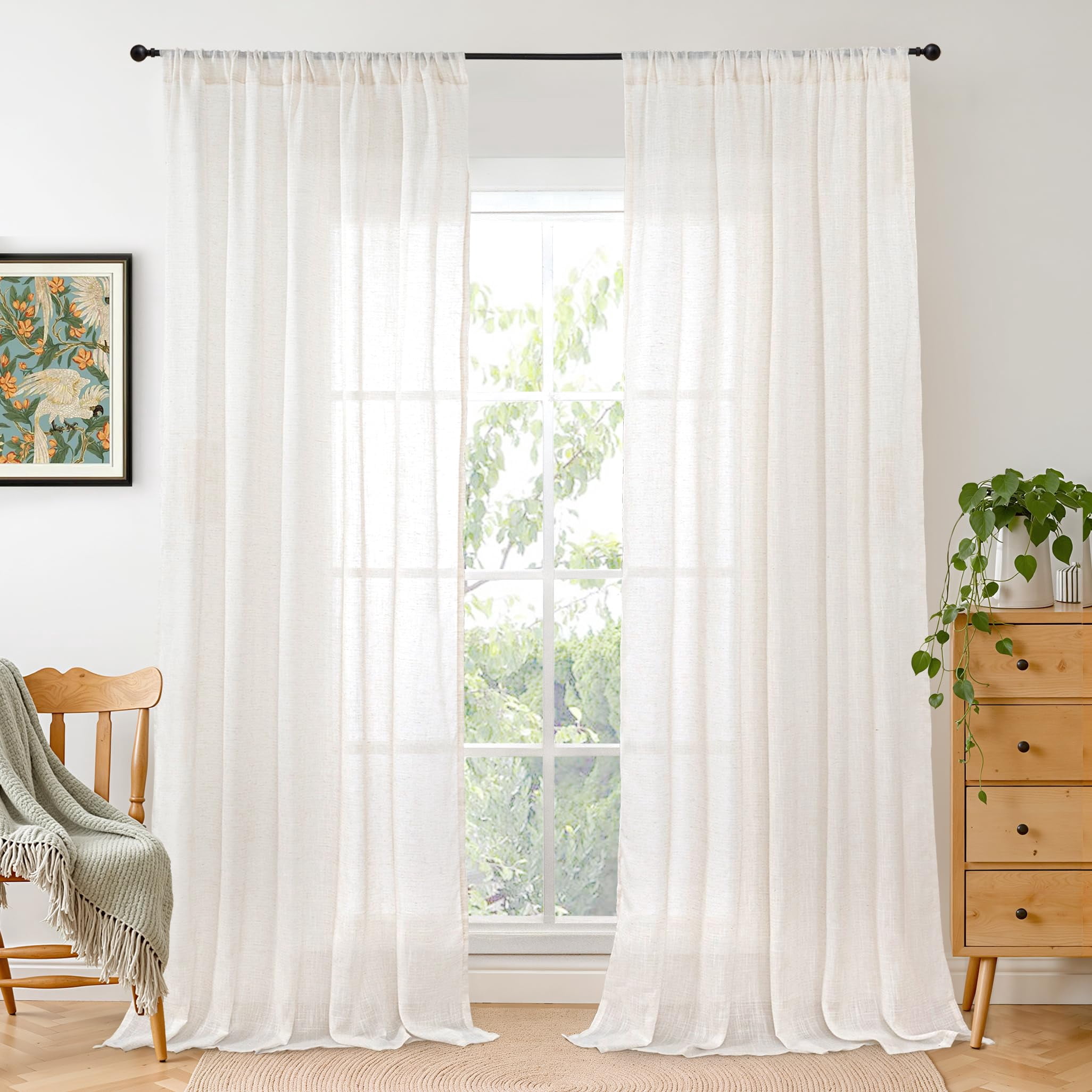 Linen Light Filtering Curtains 84 Inches 2 Panels, Semi Sheer Textured Drapes for Windows, Rod Pocket Design Living Room Bedroom, White