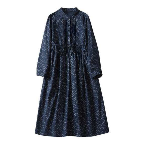 Linen Long Sleeve Dress for Women Retro Oversized Shirt Dreses Old Womens Casual Button Down Long Dresses, Navy, M