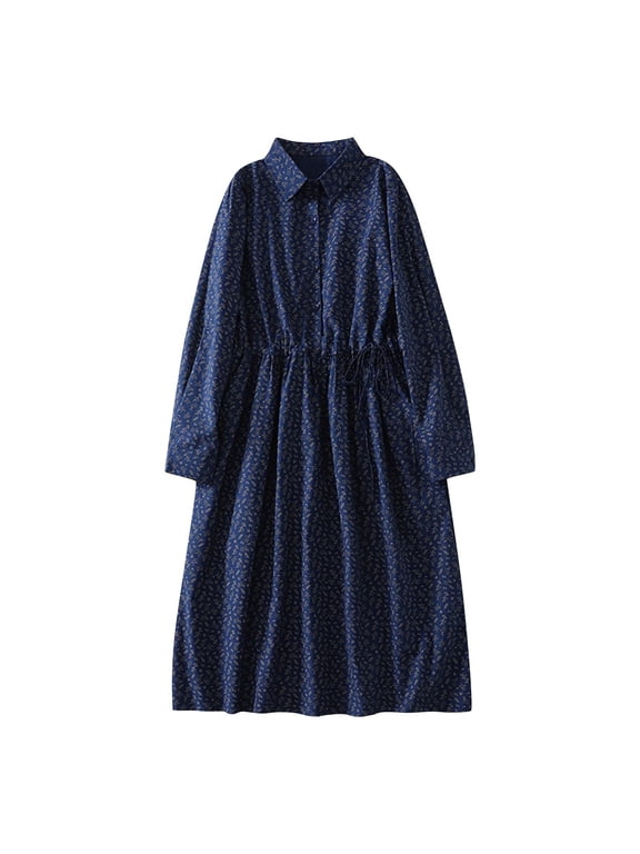 Linen Long Sleeve Dress for Women Retro Oversized Shirt Dreses Old Womens Casual Button Down Long Dresses Work Outfits, Navy, L