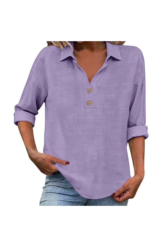 Linen Long Sleeve Going Out Tops for Women Cotton Workout Shirts V Neck Women's Blouses 2026 Spring Summer Lightweight Womens Clothes Purple