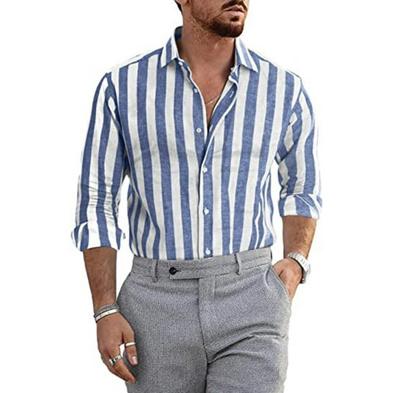 Linen Long Sleeve Golf Shirts for Men Blue Leisure Stripe Lapel Work Mens Fashion Casual Striped Buckle Shirt Top L