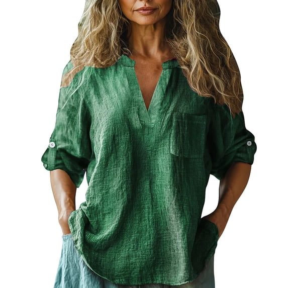 Linen Long Sleeve Shirt - Relaxed Fit Collared Blouse (Blue/Black/Green, S-XL) | Yubnlvae | Women Baggy Cotton Linen Tops Stylish Print Blouse for Women Plus (Green | XL)
