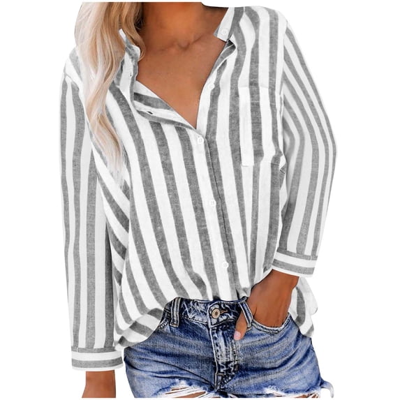 Linen Long Sleeve Shirt Women Striped Print Button Up Shirt Turn Down Collar Blouse Dressy Casual Tops Trendy Summer Fashion