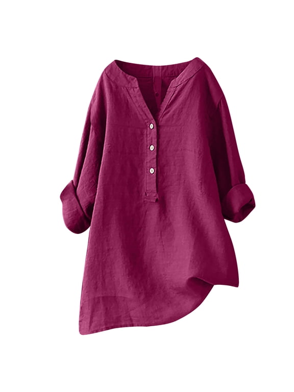 Linen Long Sleeve Shirts Women Juebong Summer Linen Tunic Tops Plus Size Blouse Shirts Casual Loose Cotton Linen Cotton Linen Tshirt Tops 3/4 Roll Sleeve V Neck Tunic Tees Trendy Blouses