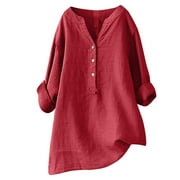 Linen Long Sleeve Shirts Women Juebong Summer Linen Tunic Tops Plus Size Blouse Shirts Casual Loose Cotton Linen Cotton Linen Tshirt Tops 3/4 Roll Sleeve V Neck Tunic Tees Trendy Blouses