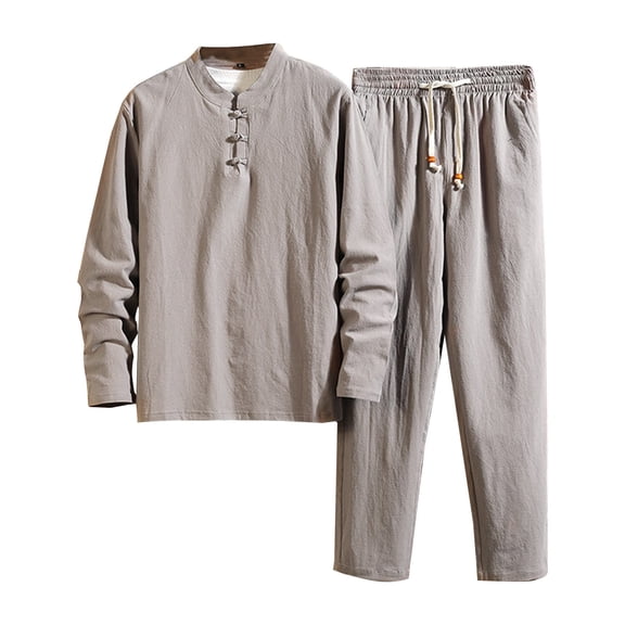 Linen Long Sleeve T Shirt Set For Men Plus Size Casual 2 Piece Outfit Relaxed Fit Top And Pants