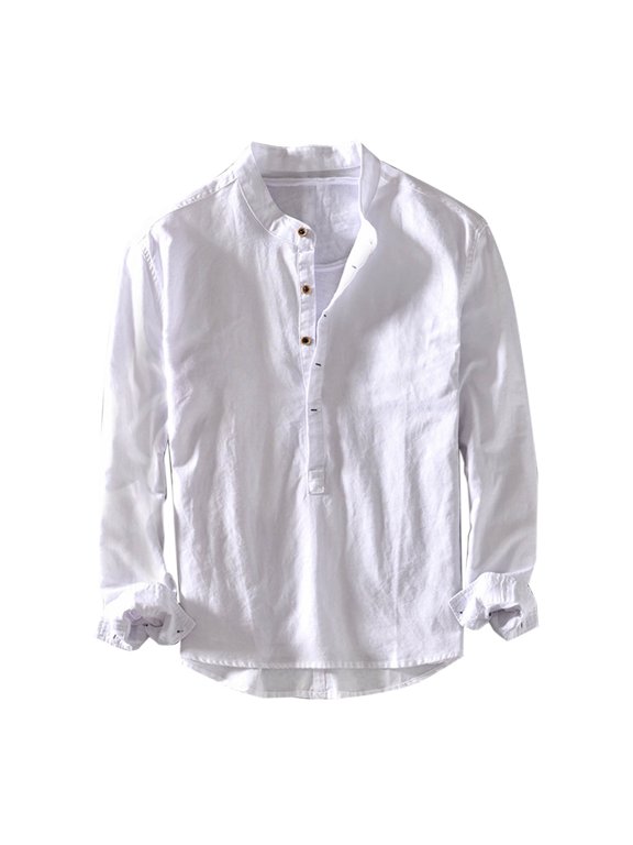 Linen Long Sleeve Tops for Men Fall Winter Casual Half Button Plain Pullover Blouses Solid Color Comfy Shirt (L, White)