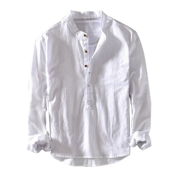 Linen Long Sleeve Tops for Men Fall Winter Casual Half Button Plain Pullover Blouses Solid Color Comfy Shirt (XL, White)