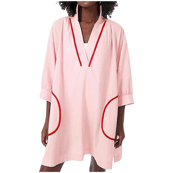 Linen Long Tops for Women 3/4 Sleeve V Neck Beach Cover Ups Mini Dress with Pockets Loose Pullover Tunics (2XL, Pink)
