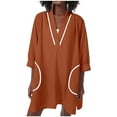 thumbnail image 1 of Linen Long Tops for Women 3/4 Sleeve V Neck Beach Cover Ups Mini Dress with Pockets Loose Pullover Tunics (M, Brown), 1 of 6