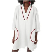 JSKUMAR Linen Long Tops for Women 3/4 Sleeve V Neck Beach Cover Ups Mini Dress with Pockets Loose Pullover Tunics (XL, White)