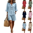 thumbnail image 1 of Linen-Look Button-Front V-Neck Ruffle Sleeve Two-Piece Set for Women, Lightweight Shorts & Top Outfit - Summer Beach Vacation Casual Loungewear Sky Blue L, 1 of 5