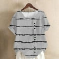 thumbnail image 1 of Linen-Look Tops for Women, Printed Short Sleeve Button Down T-Shirt, Casual Blouse with Unique Stripe Pattern, 1 of 4