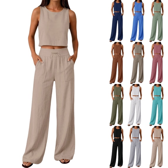 Linen Look Two Piece Set for Women, Sleeveless Crop Top & Wide Leg Pants with Pockets - Summer Casual Lounge Outfit Light Green M