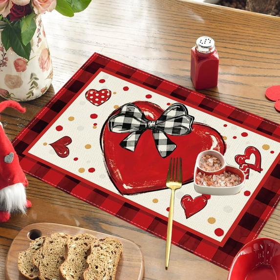 Linen Look Valentine's Day Placemats Set of 1, Waterproof Reversible Washable Table Mats for Dining, Non-Slip Holiday Dinner Party Decor