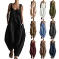 thumbnail image 1 of Linen Look Wide Strap Jumpsuit for Women - Loose Fit Pocketed Solid Color Casual Outfit, Summer Vacation Matching Lounge Wear Beige L, 1 of 7