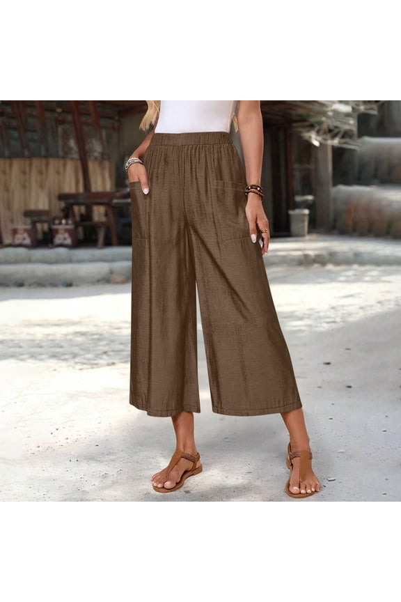 Linen Loose Fit High Waisted Culottes for Women Cotton Wide Leg Capris Boho Cropped Trousers Summerwear