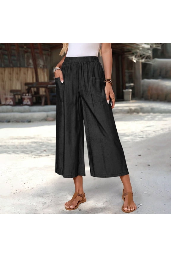 Linen Loose Fit High Waisted Culottes for Women Cotton Wide Leg Capris Boho Cropped Trousers Summerwear