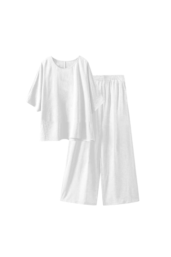 Linen Lounge Set - Adjustable Waist Wide Leg Pants, Minimalist Style