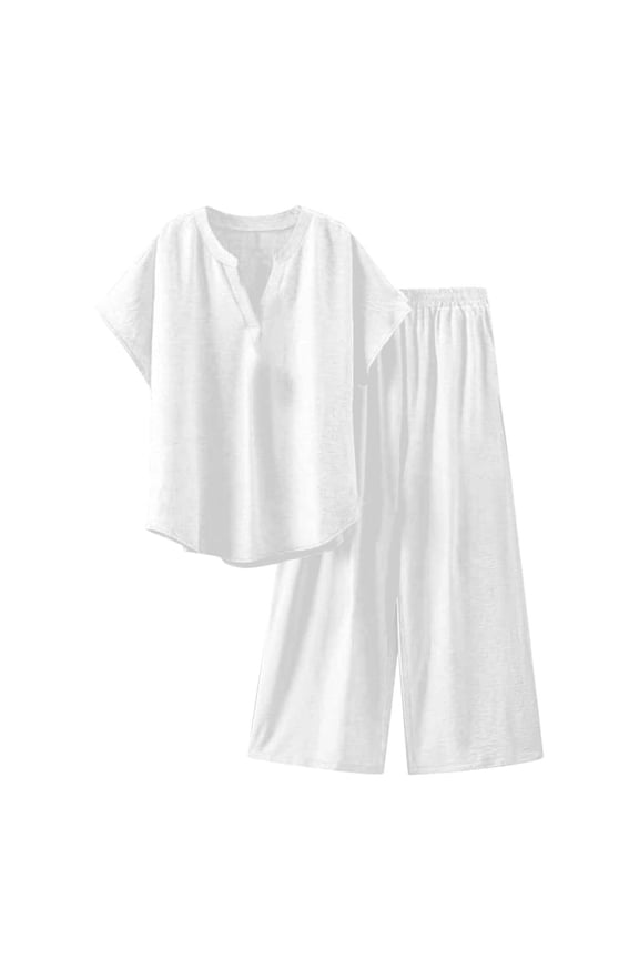 Linen Lounge Set - Adjustable Waist Wide Leg Pants, Minimalist Style