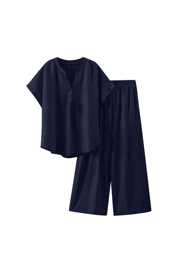 Linen Lounge Set - Adjustable Waist Wide Leg Pants, Minimalist Style