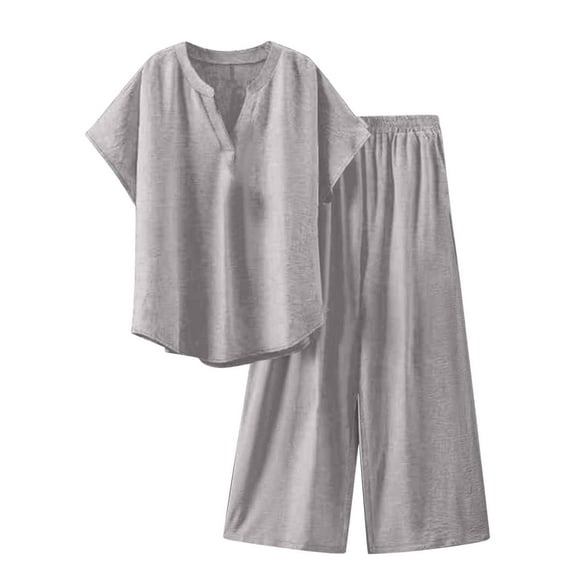 Linen Lounge Set - Adjustable Waist Wide Leg Pants, Minimalist Style