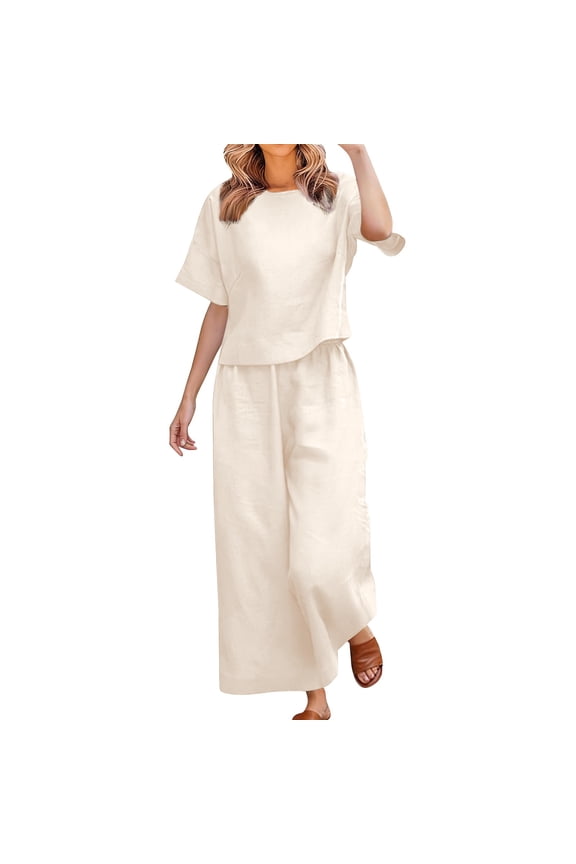 Linen Lounge Sets For Women，Wide Leg Pants Linen Matching Lounge Set Travel Beach Vacation Clothes 2026 Crop Tops Wide Leg Pant Sets Summer Casual Dressy Linen Sets Lounge Travel Sets
