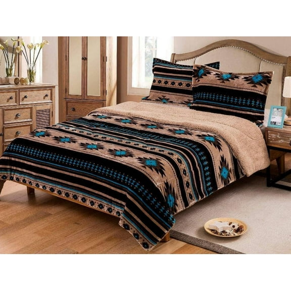 Linen Mart Southwest Aztec Sherpa Borrego Fleece Blanket - 3 Piece Set (Tan, King)