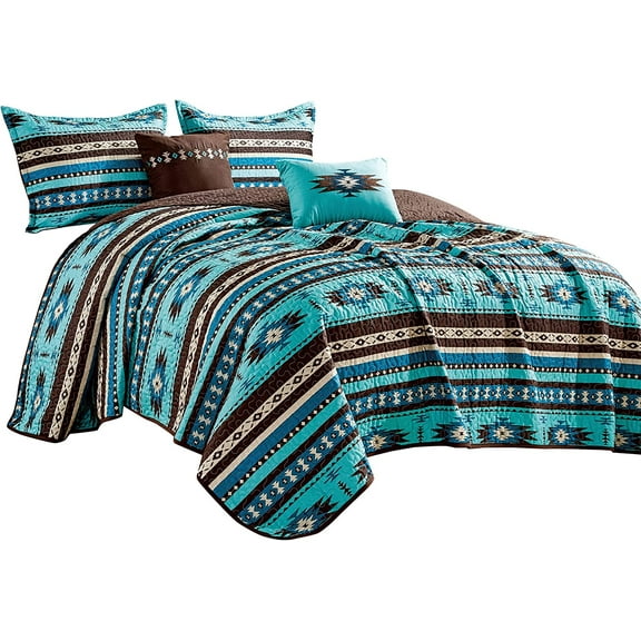 Linen Mart Southwestern Turquoise Tan Aztec Coverlet - 5 Piece Set (Queen)