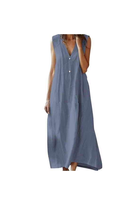 Linen Maxi Dresses for Women V Neck Button Sleeveless Flowy Long House Dress Summer Vacation Beach Lounge Sundresses