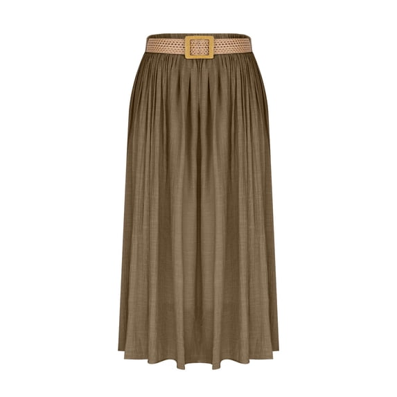 Linen Maxi Skirt for Women Casual Solid-Color Belted A-Line Pleated Circle Skirt for Summer Beach Vacation, Size S-XL