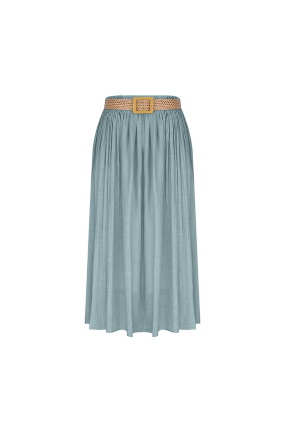 Linen Maxi Skirt for Women Casual Solid-Color Belted A-Line Pleated Circle Skirt for Summer Beach Vacation, Size S-XL