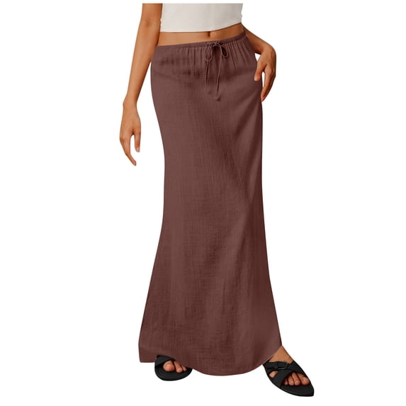 Linen Maxi Skirts Elastic Waist Drawstring Long Flowy Skirts Wrap Dresse Cute Boho Vacation Beach Clothes