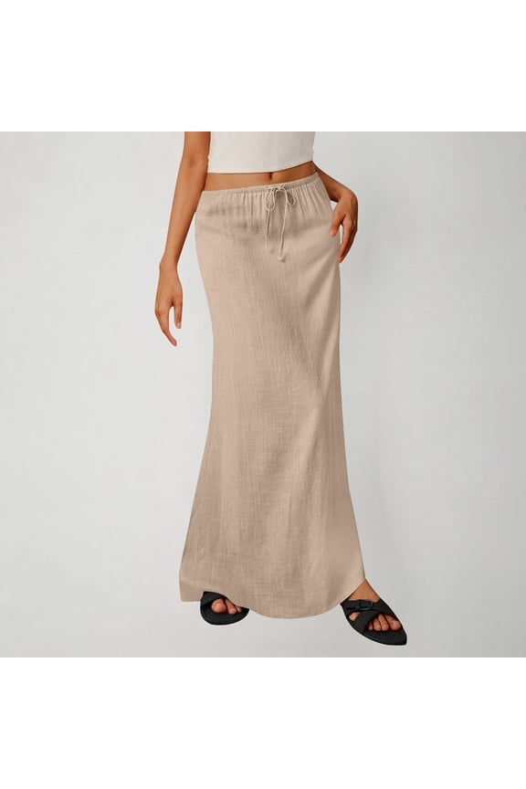 Linen Maxi Skirts Elastic Waist Drawstring Long Flowy Skirts Wrap Dresse Cute Boho Vacation Beach Clothes