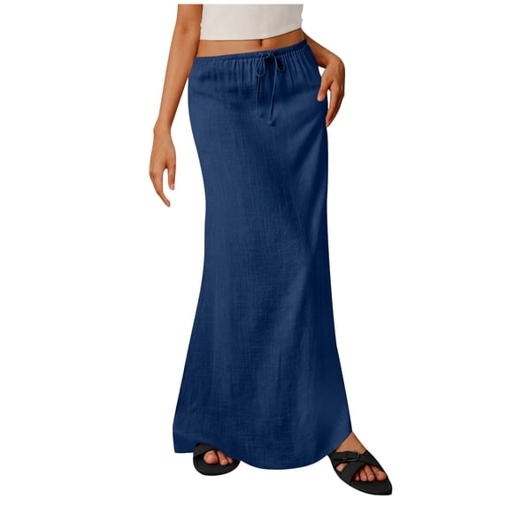 Linen Maxi Skirts Elastic Waist Drawstring Long Flowy Skirts Wrap Dresse Cute Boho Vacation Beach Clothes