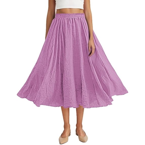 Linen Maxi Skirts For Women Elastic High Waist Solid Color Summer Pleated Flowy Vintage Casual Loose Skirt (Free Size, Pink)