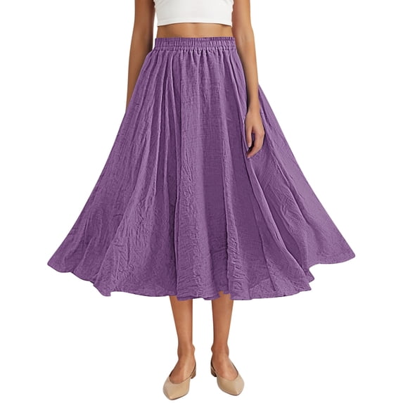 Linen Maxi Skirts For Women Elastic High Waist Solid Color Summer Pleated Flowy Vintage Casual Loose Skirt (Free Size, Purple)