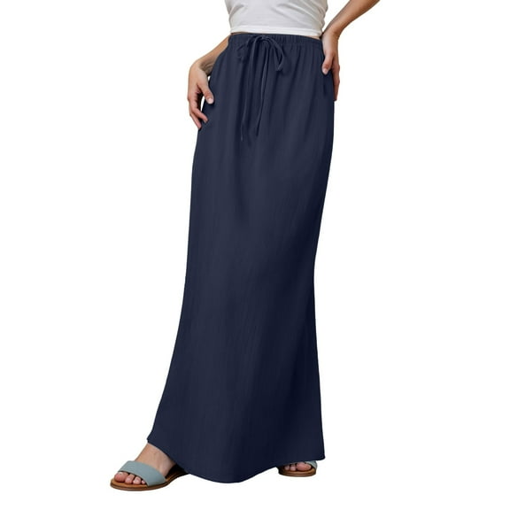 Linen Maxi Skirts For Women Summer Boho Flowy A Line Skirt Comfortable Drawstring Waist Trendy Long Skirt Casual Beach Outfit