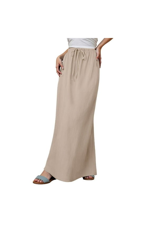 Linen Maxi Skirts For Women Summer Boho Flowy A Line Skirt Comfortable Drawstring Waist Trendy Long Skirt Casual Beach Outfit