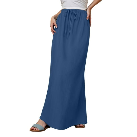 Linen Maxi Skirts For Women, Women's Casual High Waisted Solid / Printed Long Maxi Skirt