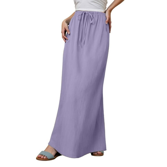 Linen Maxi Skirts For Women Trendy Summer Comfy Drawstring Waist A Line Skirts Cute Vacation Boho Long Flowy Skirts Double Slit Skirt Plaid Skirts for Women Knit Skirt Pleated Midi Skirt Side Skirts