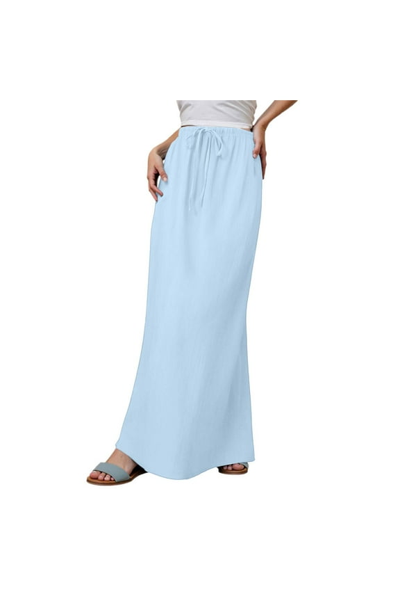 Linen Maxi Skirts For Women Trendy Summer Comfy Drawstring Waist A Line Skirts Cute Vacation Boho Long Flowy Skirts under Skirt Fluff Western Skirts for Women Womens Long Skirts Glitter Skirt Beach