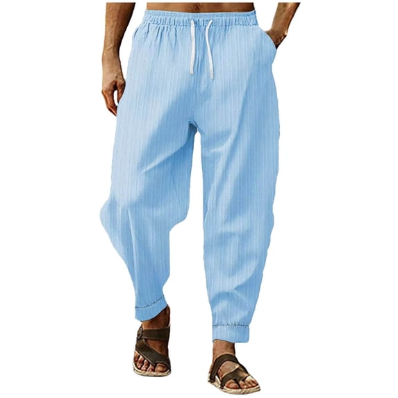 Linen Mens Summer Casual Pants Drawstring Elastic Waist Cool Lightweight Trousers with Pockets Fathers Gift