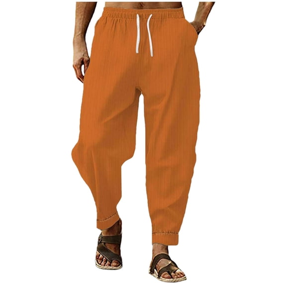 Linen Mens Summer Casual Pants Drawstring Elastic Waist Cool Lightweight Trousers with Pockets Fathers Gift