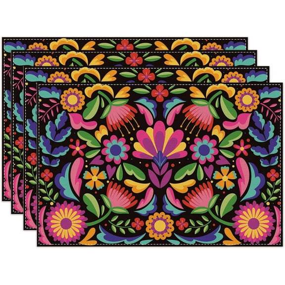 Linen Mexican Fiesta Placemats Set of 4 Cinco De Mayo Table Mats Dia De Los Muertos Decor Day of The Dead Decorations and Supplies for Home Kitchen Dining Room Table