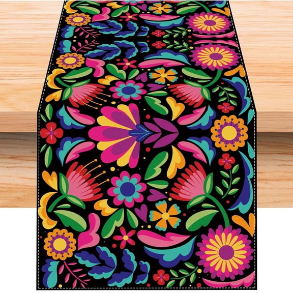 Linen Mexican Fiesta Table Runner 108 Inches Long Cinco De Mayo Tablecloth Dia De Los Muertos Decor Day of The Dead Decorations and Supplies for Home
