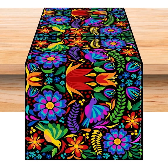Linen Mexican Fiesta Table Runner 72 Inches Long Mexican Fiesta Themed Party Cinco De Mayo Home Kitchen Dining Room Table Decoration (Purple)
