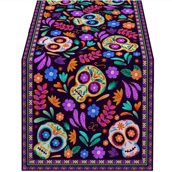 Linen Mexican Fiesta Table Runner 90x13", Flowers Sugar Skull Pattern, Farmhouse Day of The Dead Decor for Fifth of May, Kitchen Dining Home Table Ornament