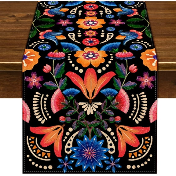 Linen Mexican Fiesta Table Runner Cinco De Mayo Mexico Dia De Los Muertos Party Decor Dining Table Runner Kitchen Altar Decor