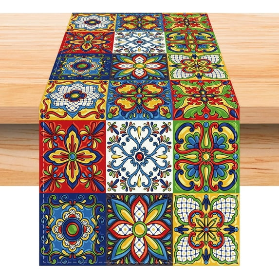Linen Mexican Talavera Ceramic Tile Table Runner 72 Inches Long Mexican Fiesta Tablecloth Cinco De Mayo Party Decoration and Supplies for Table